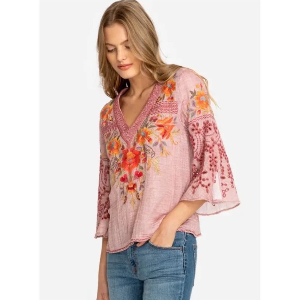JOHNNY WAS Workshop Violette Embroidered V-Neck Blouse